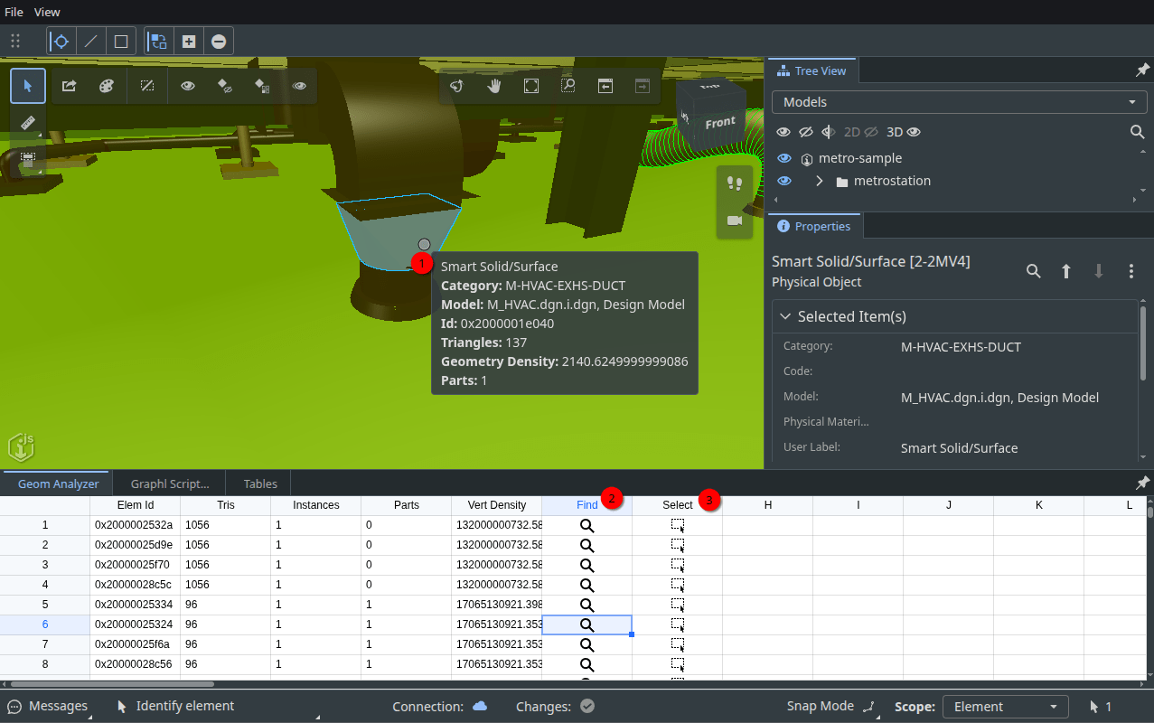 The geometry analyzer table view in Twin Sync Studio